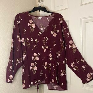 Old Navy Red and Cream Long Sleeve Wrap Blouse